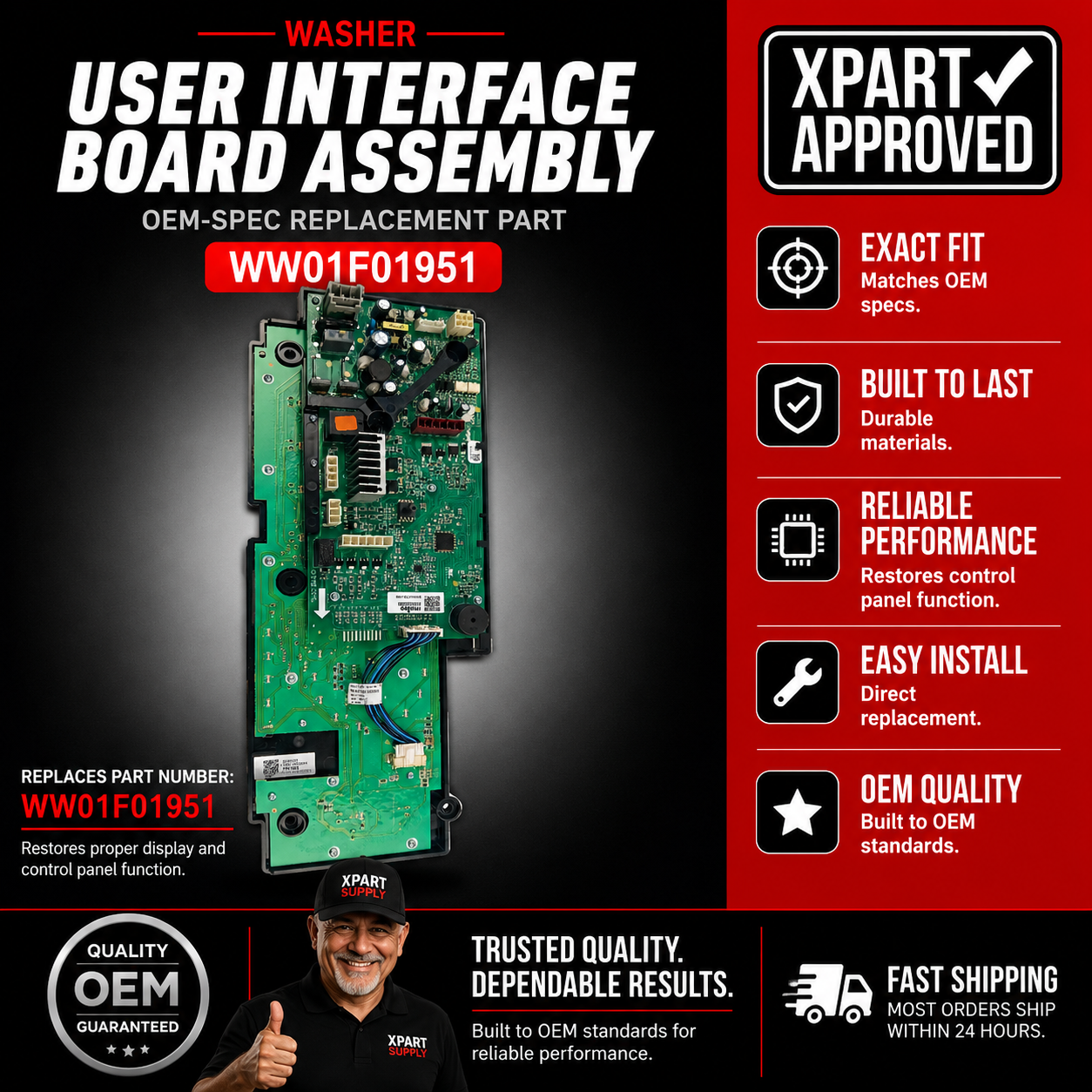 GE WW01F01951 Washer User Interface Board — Fixes Blank Display & Unresponsive Buttons