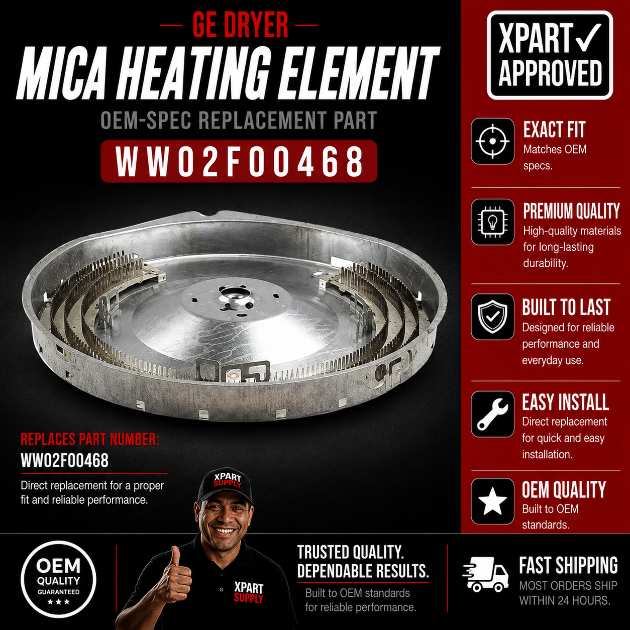 GE WW02F00468 Mica Heating Element — Fixes Dryer Not Heating