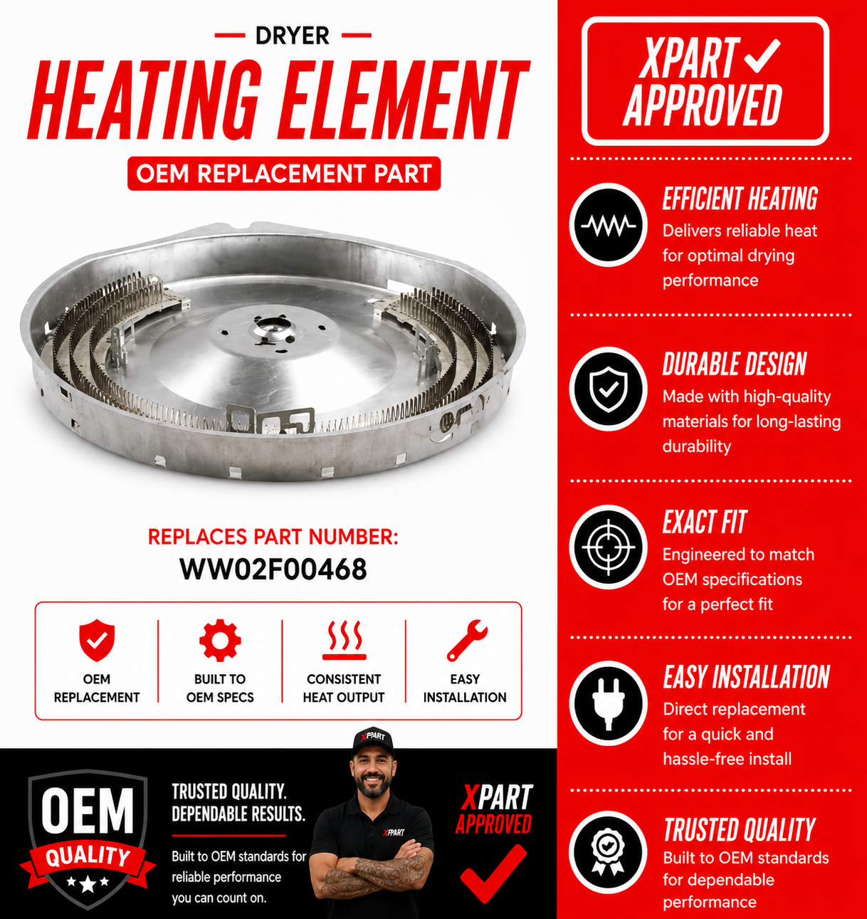 GE WW02F00468 Mica Heating Element — Fixes Dryer Not Heating