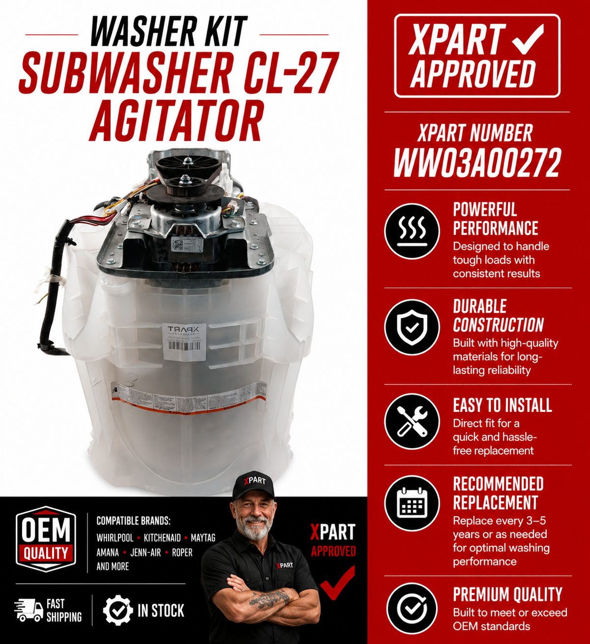 GE WW03A00272 Agitator Sub-Assembly Kit – CL 27 Top-Load Washer
