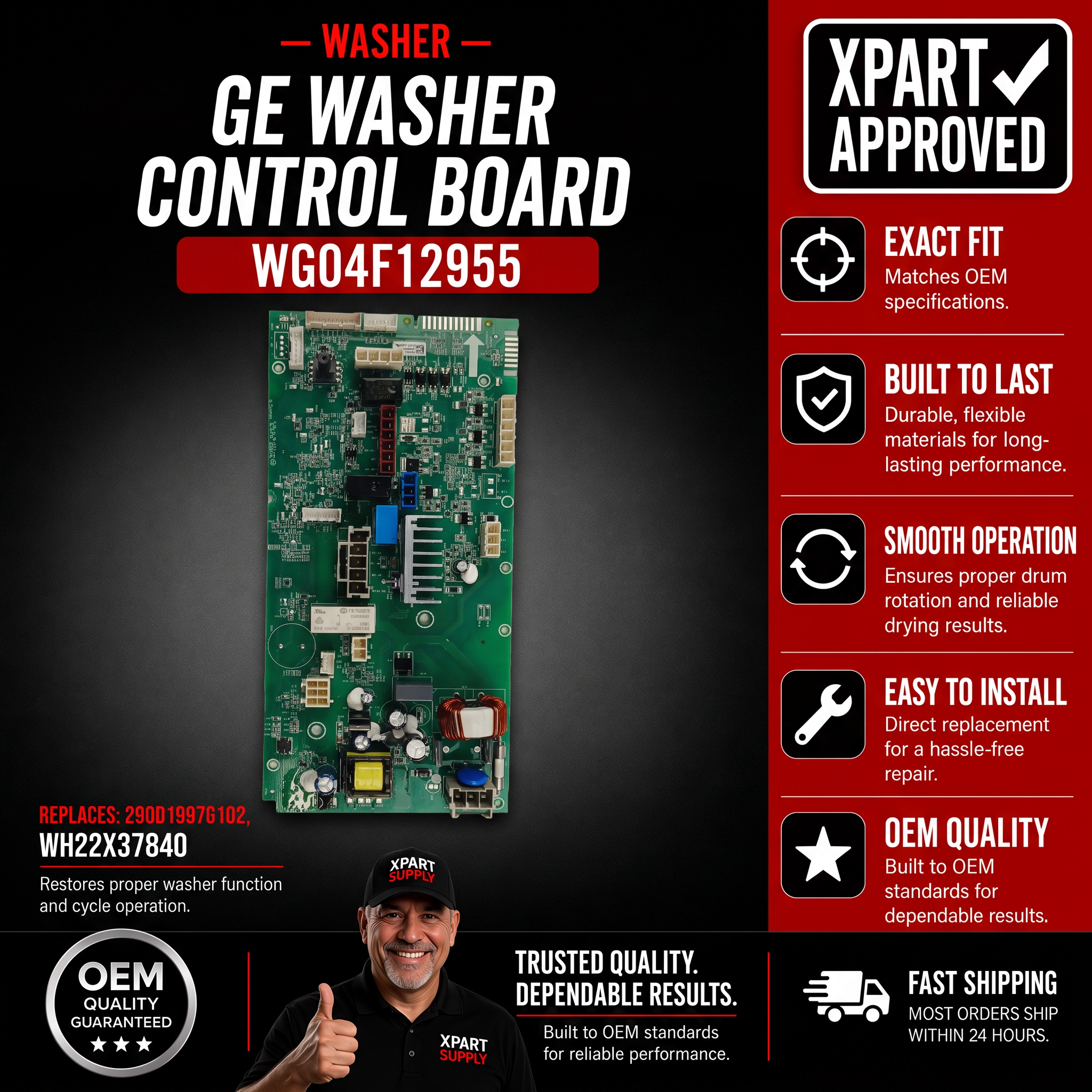 GE Washer Control Board WG04F12955 — Fix No-Start & Cycle Errors, Replaces 290D1997G102, WH22X37840