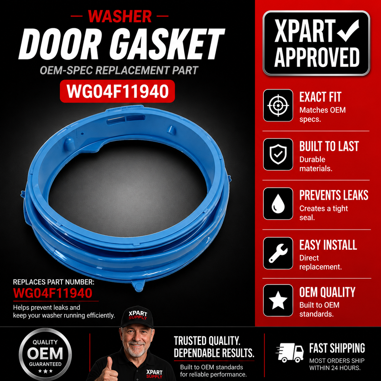 GE Washer Door Boot Gasket WG04F11940 — Fixes Front-Load Washer Leaking or Torn Door Seal