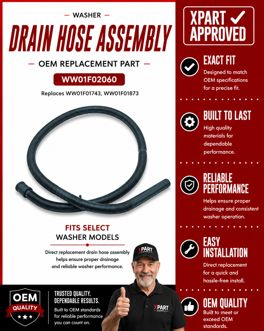 GE Washer Drain Hose Assembly WW01F02060 – Stops Leaks & Drainage Failure