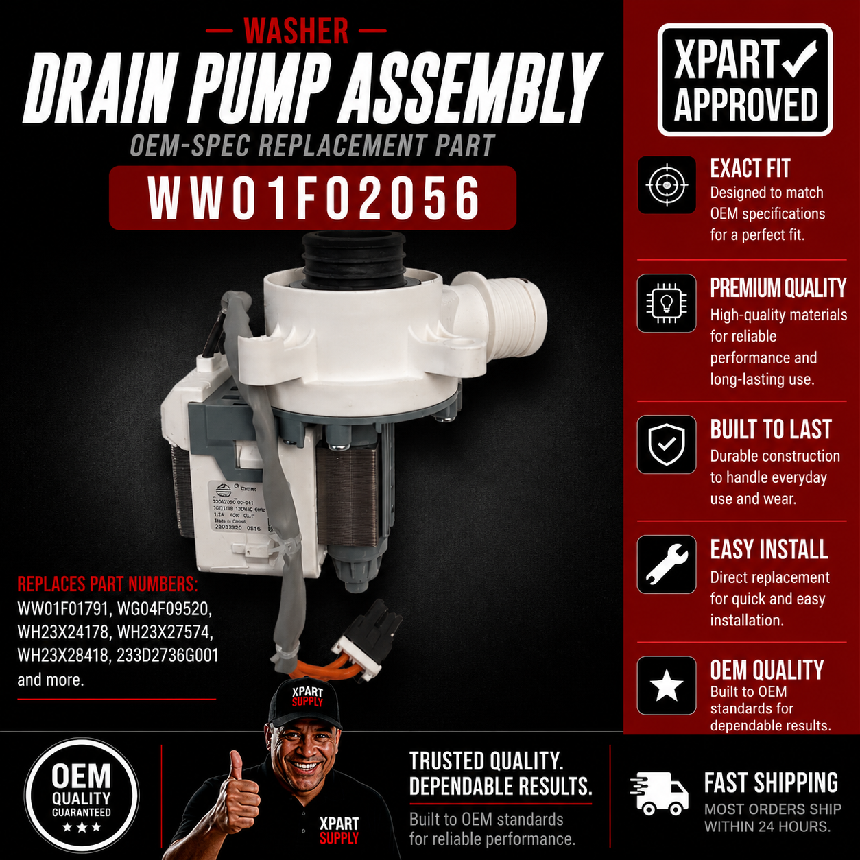 GE Washer Drain Pump Assembly WW01F02056, Replaces WW01F01791, WH23X24178, WG04F09520, WH23X27574, WH23X28418, 233D2736G001