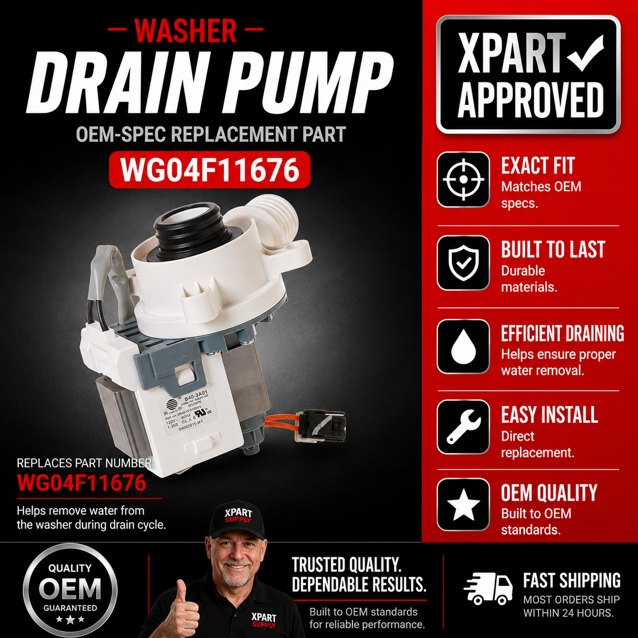 GE Washer Drain Pump WG04F11676 — Fixes No-Drain & Standing Water