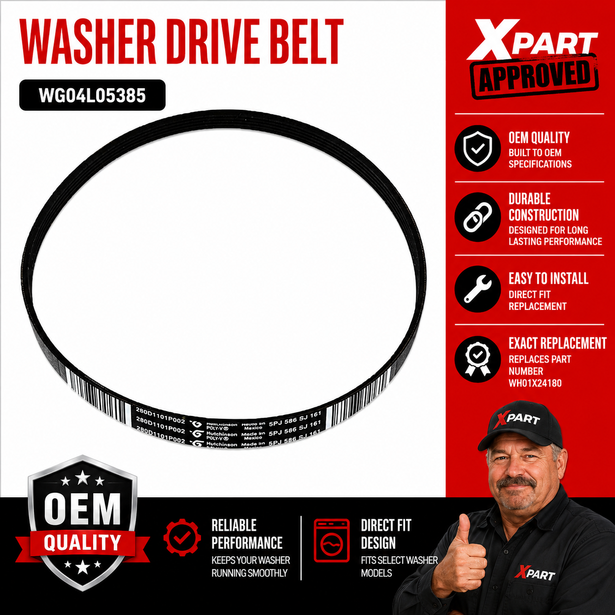 GE Washer Drive Belt WG04L05385 (Replaces WH01X24180, WW01F01756)