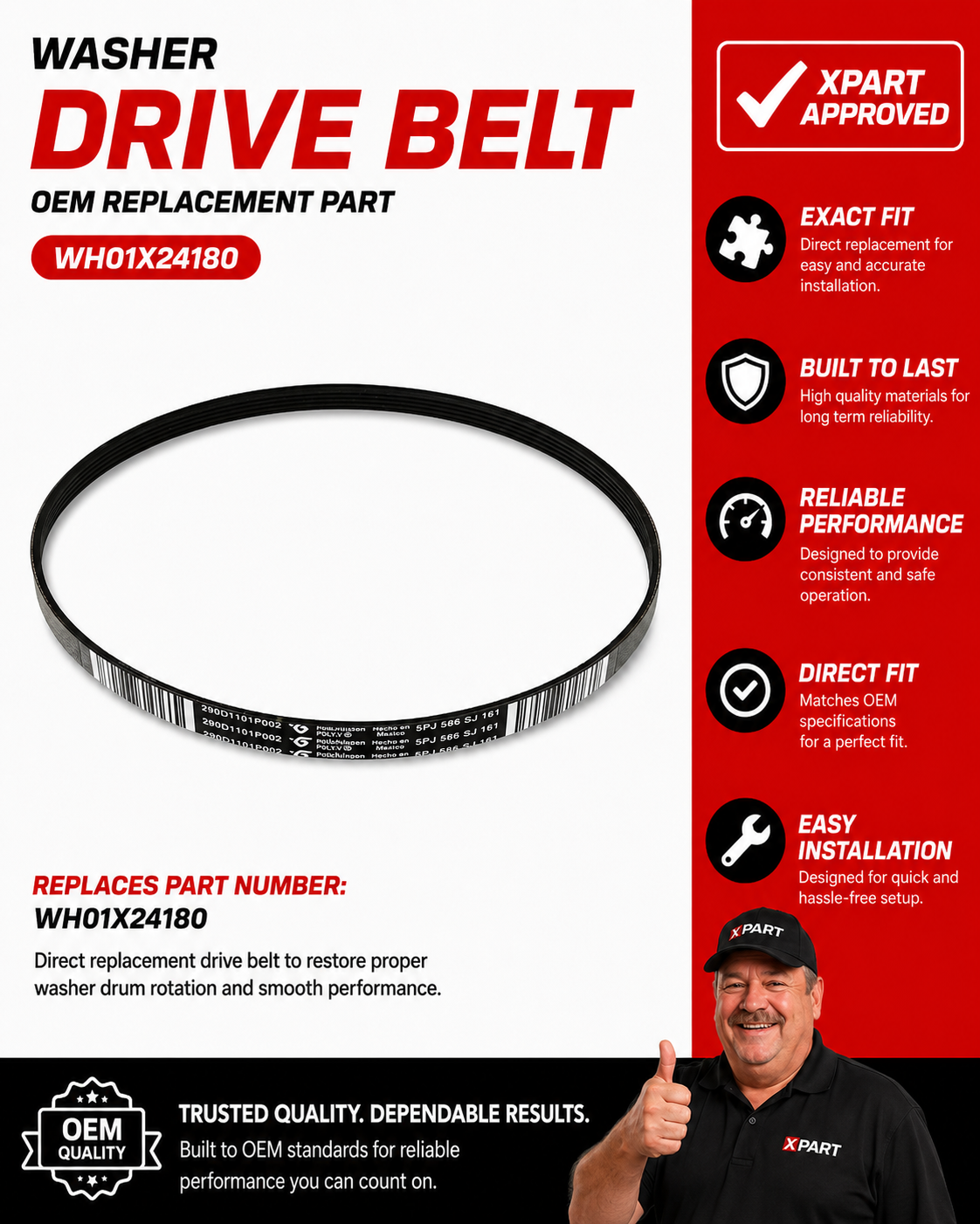 GE Washer Drive Belt WH01X24180 — Fix Washer Not Spinning, Not Agitating, or Squealing