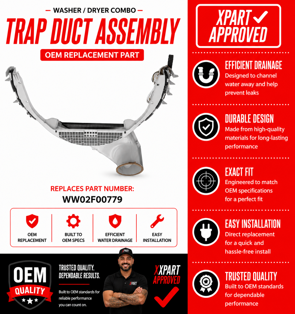 GE Washer Dryer Combo Trap Duct Assembly WW02F00779 — Fix Poor Drying & Airflow Restriction