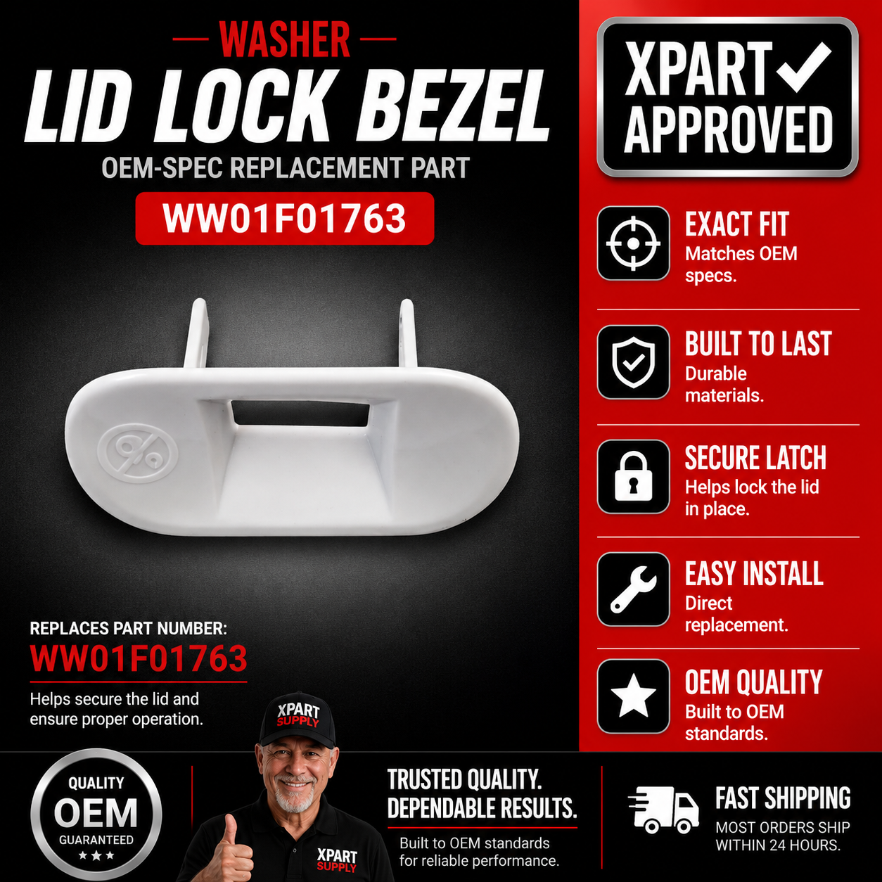 GE Washer Lid Lock Bezel WW01F01763 — Fixes Lid Lock Errors & Won't Start