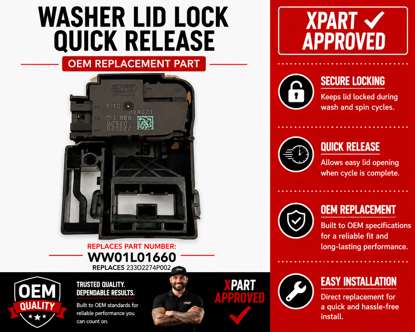 GE Washer Lid Lock Quick Release WW01L01660 (Replaces WH01X27954, 233D2274P002, WW01F01798)