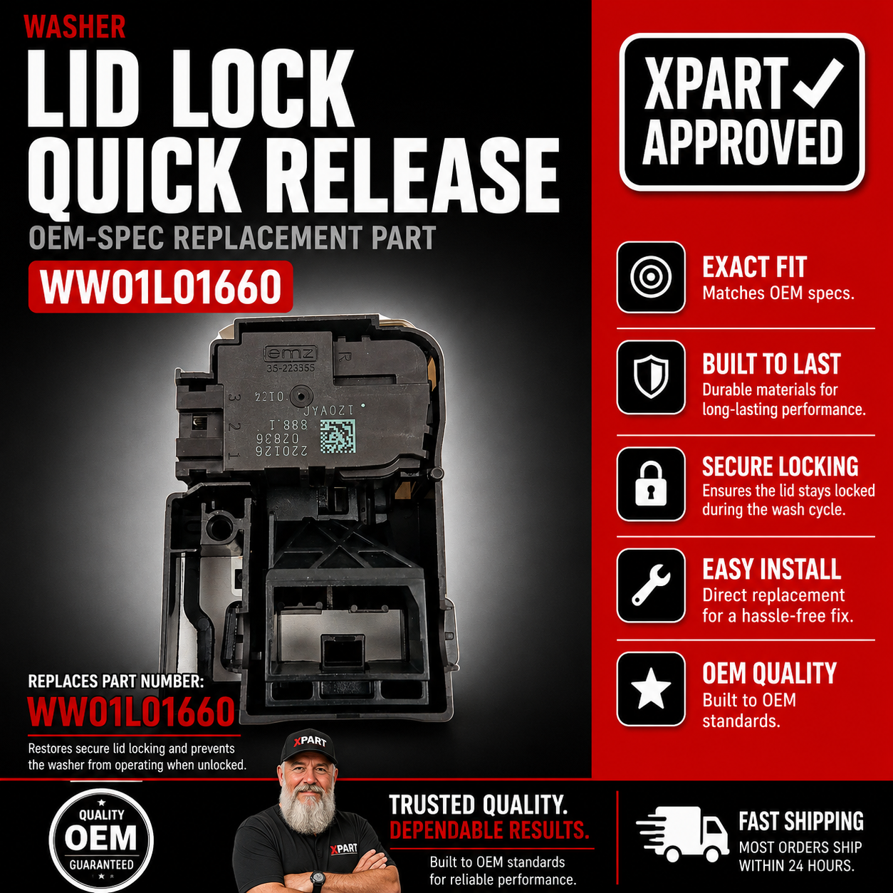 GE Washer Lid Lock Assembly WW01L01660 — Fixes Lid Won't Lock & Washer Won't Start