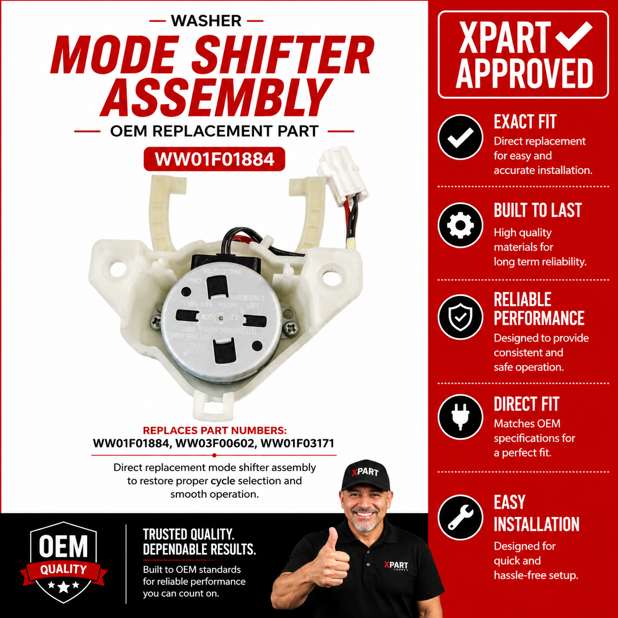 GE Washer Mode Shifter Assembly WW01F01884 — Fixes Washer Stuck in One Mode or Won't Agitate