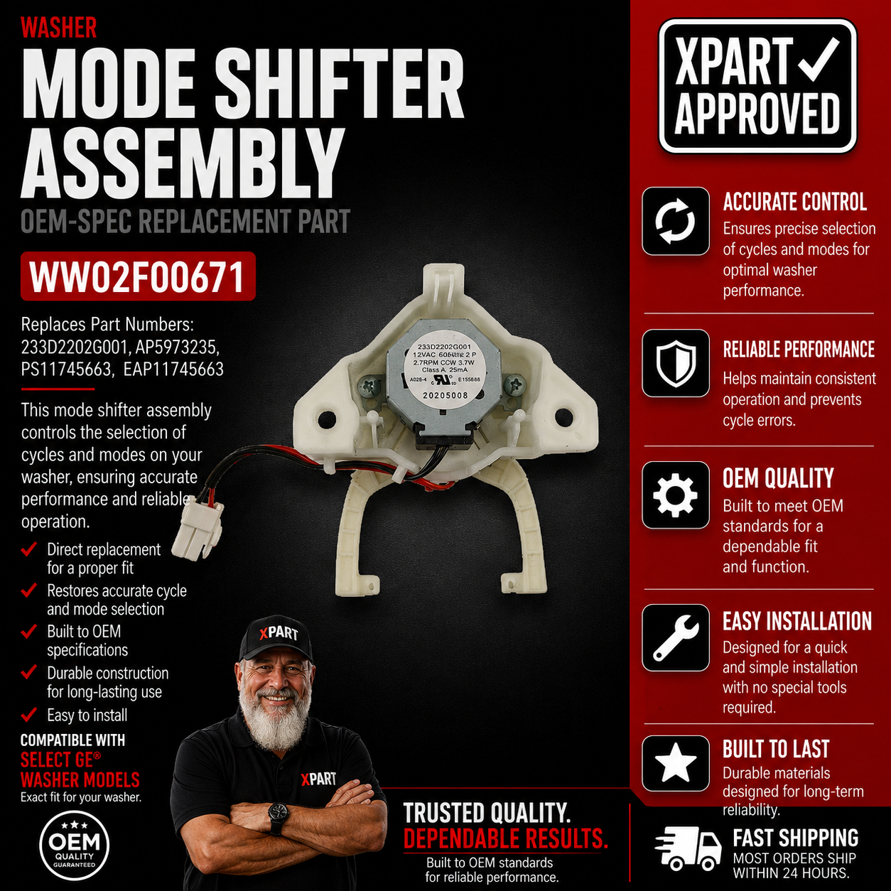 GE Washer Mode Shifter Assembly WW02F00671 — Fixes No Agitation, No Spin & Cycle Transition Failure