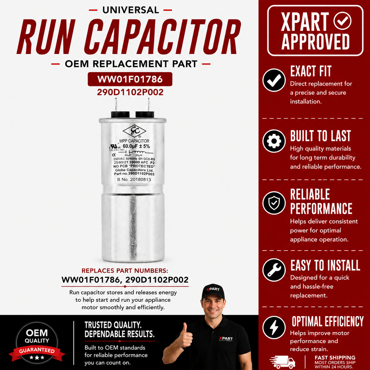 GE Washer Motor Capacitor WG04A04234 — Fixes Washer Won't Start / Drum Won't Spin