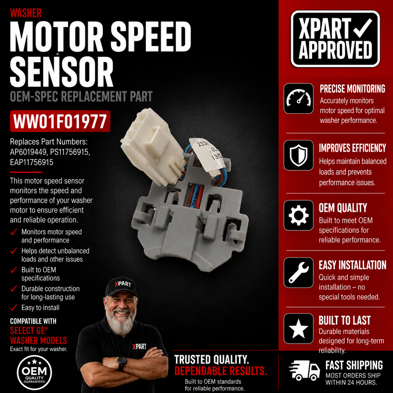 GE Washer Motor Speed Sensor WW01F01977 — Fixes Washer Not Spinning or Stopping Mid-Cycle