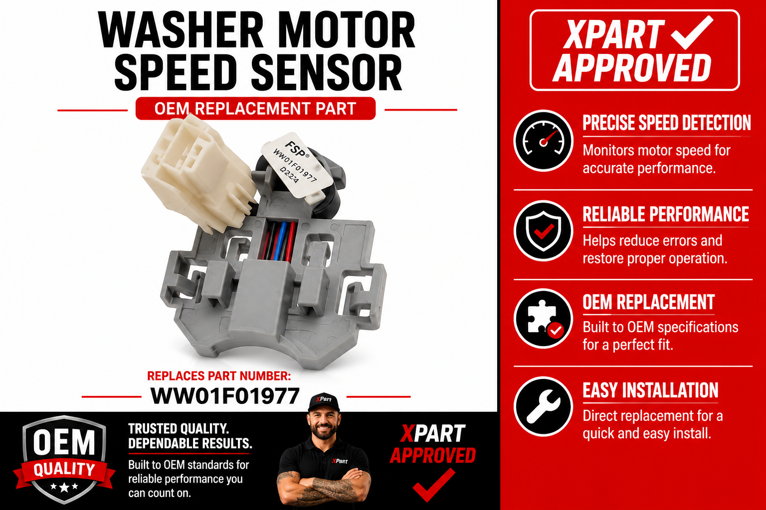 GE Washer Motor Speed Sensor WW01F01977 — Fixes Washer Not Spinning or Stopping Mid-Cycle