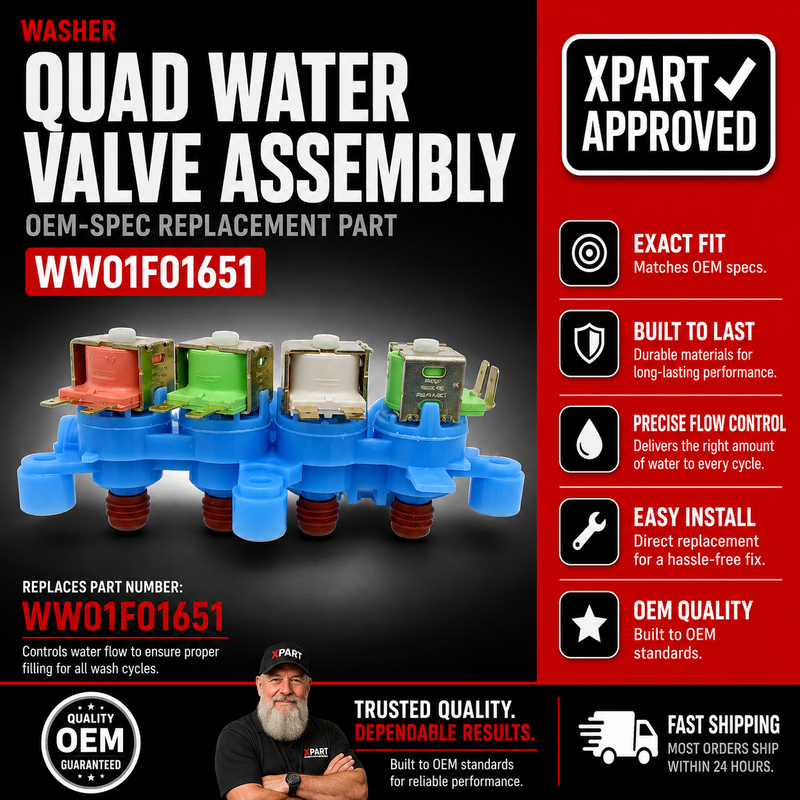 GE Washer Quad Water Inlet Valve WW01F01651 — Fixes Won't Fill, Overflow & Dispenser Failures