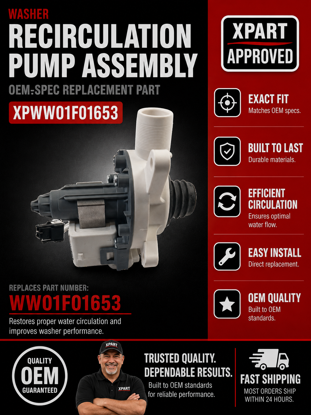GE Washer Recirculation Pump WW01F01653 — Fixes Detergent Residue / Restores Water Recirculation — U.S. Cross-Reference WH23X24175