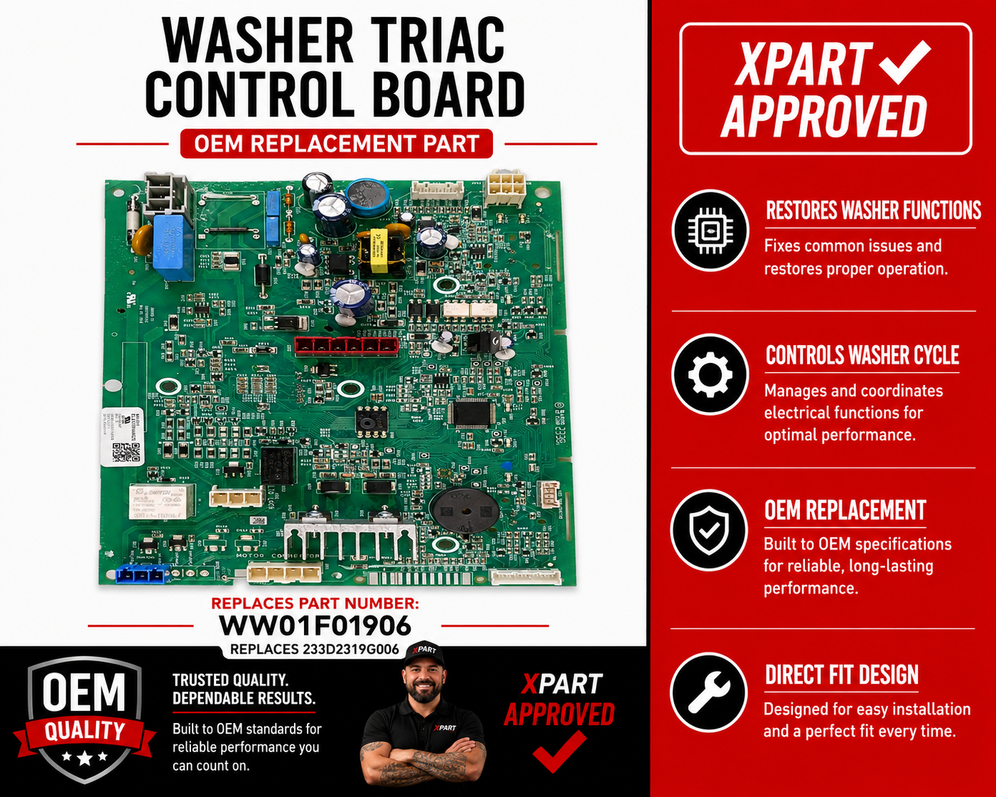 GE Washer Triac Control Board WW01F01906 — Fixes Washer Won't Start, Agitate or Spin