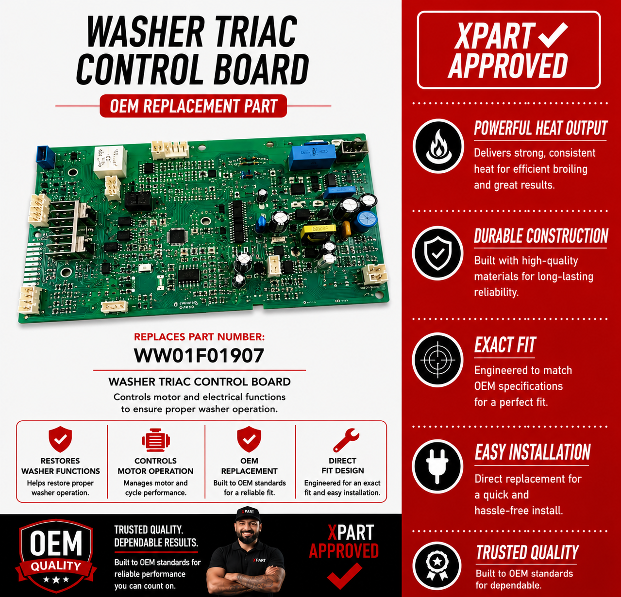 GE Washer Triac Control Board WW01F01907 — Fixes Washer Stopping Mid-Cycle or Won't Start