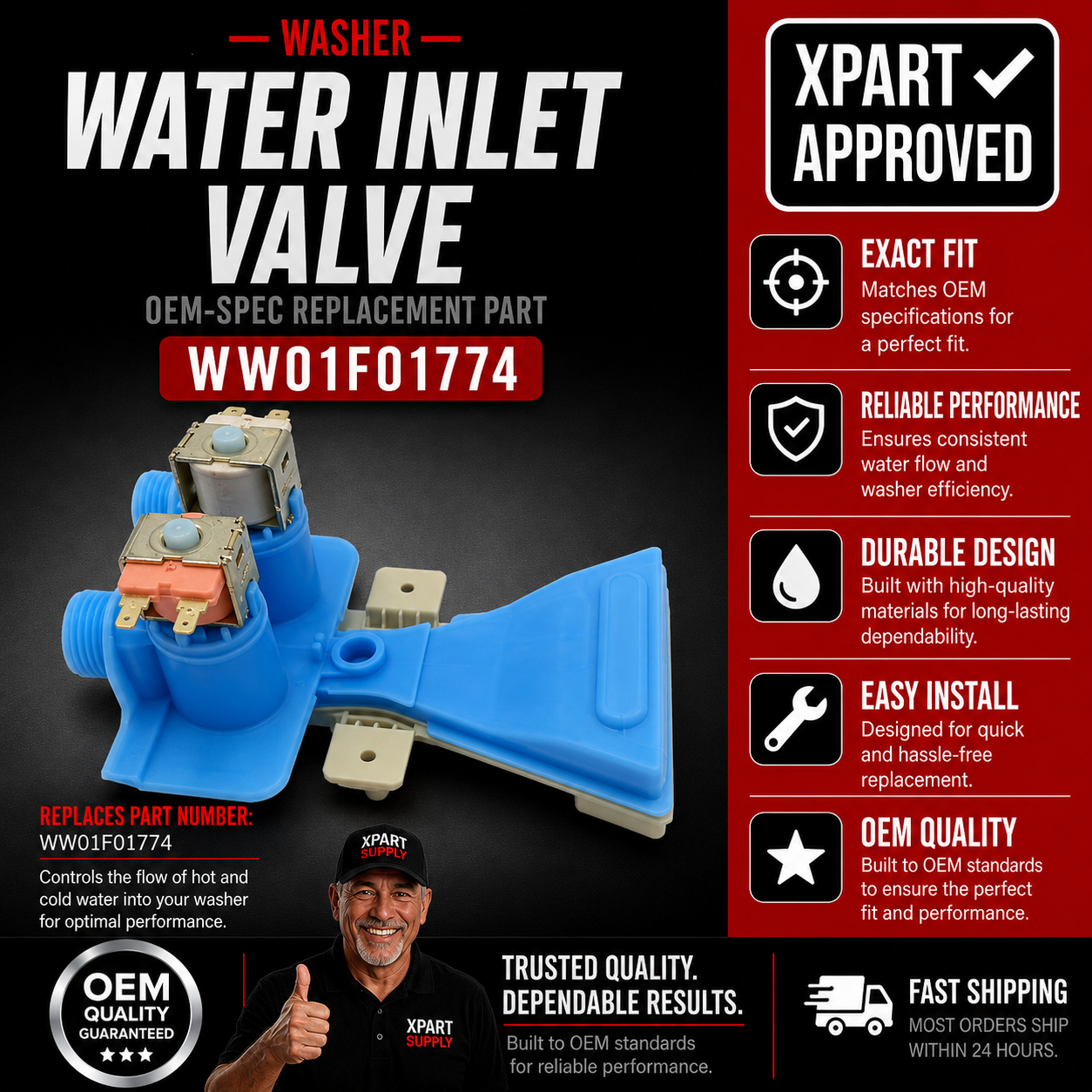 GE Washer Water Inlet Valve WW01F01774, U.S. Cross-Reference WH13X26535