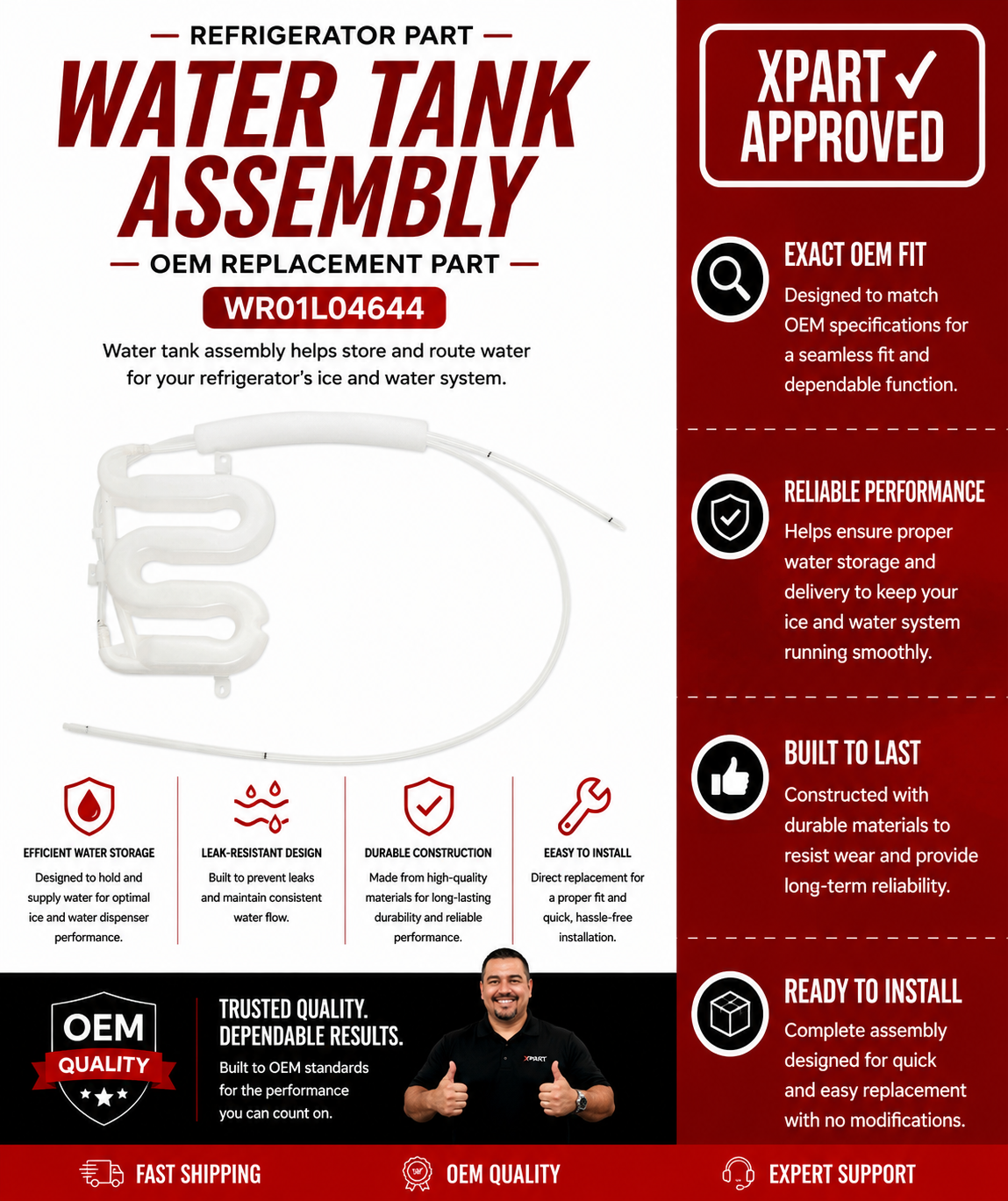 GE Water Tank Assembly WR01L04644 — Fixes Slow or No Water Dispenser