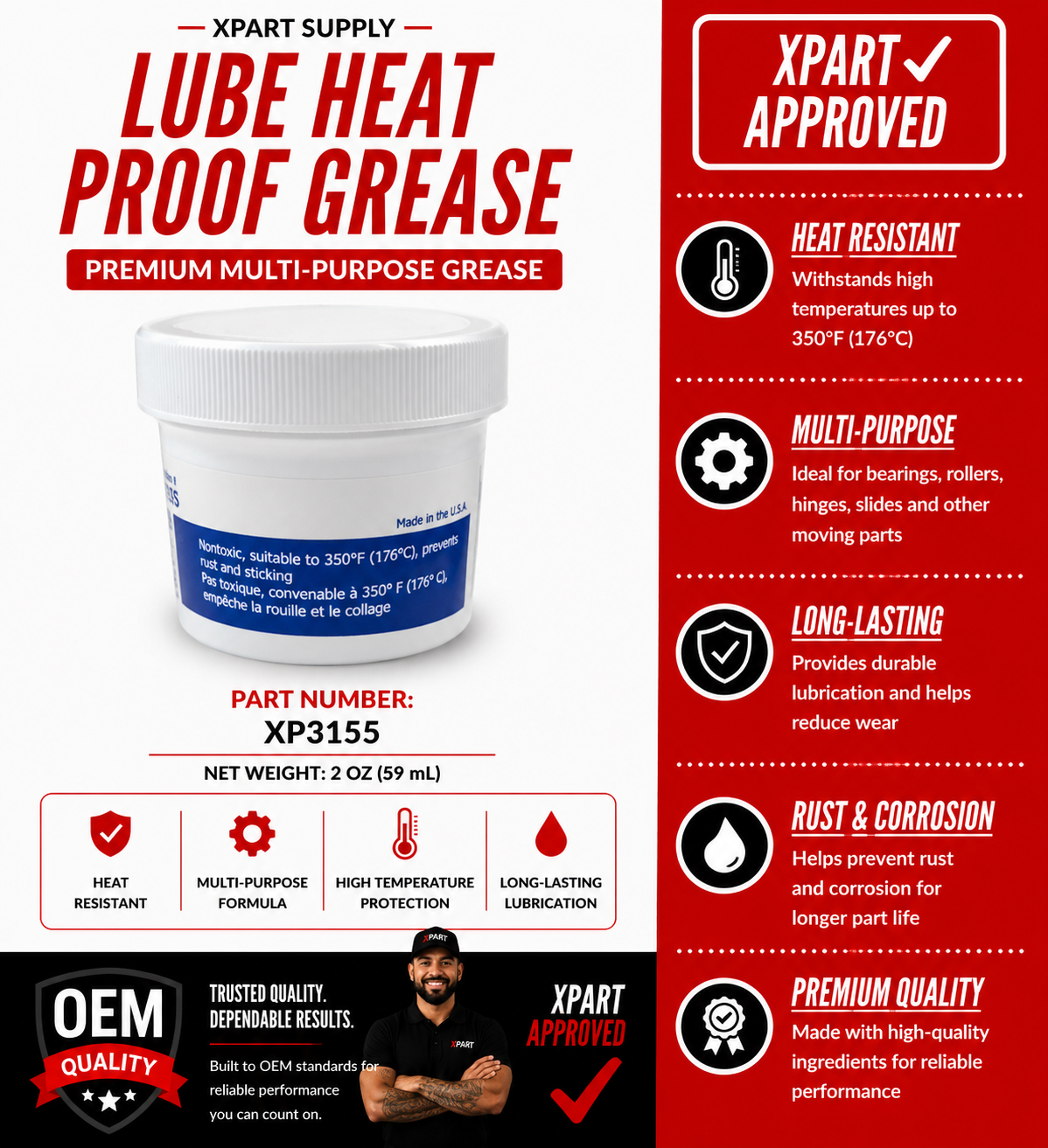 XPart Heat Proof Grease 3155 — Stops Squeaking Hinges, Seized Bearings & Heat-Damaged Components