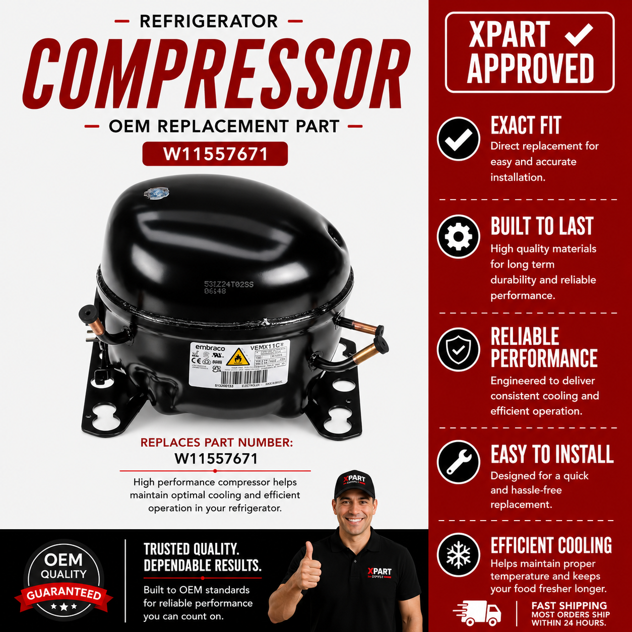 JennAir Refrigerator Compressor W11557671 — Fix Fridge Not Cooling