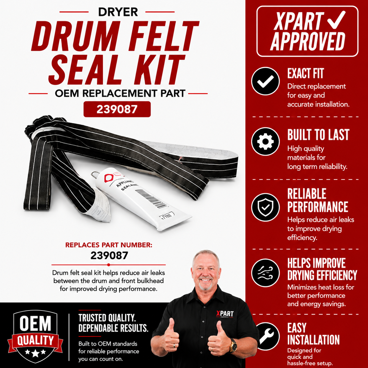 Kenmore Dryer Drum Felt Seal Kit 239087 — Stop Heat Loss and Lint Leaks