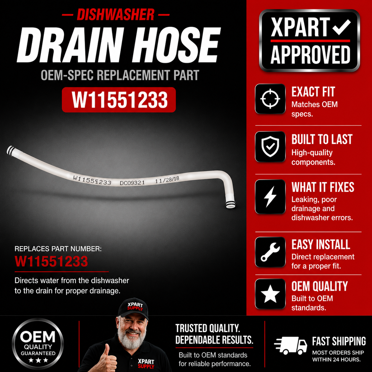 KitchenAid Dishwasher Drain Hose W11551233 — Fixes Drain Leaks / Restores Drain Flow