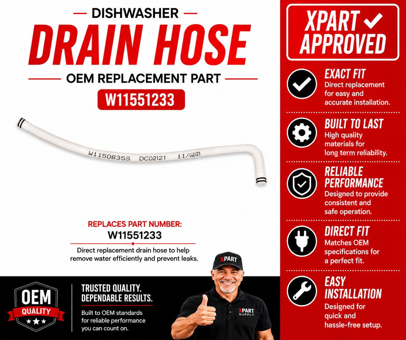 KitchenAid Dishwasher Drain Hose W11551233 – Genuine OEM