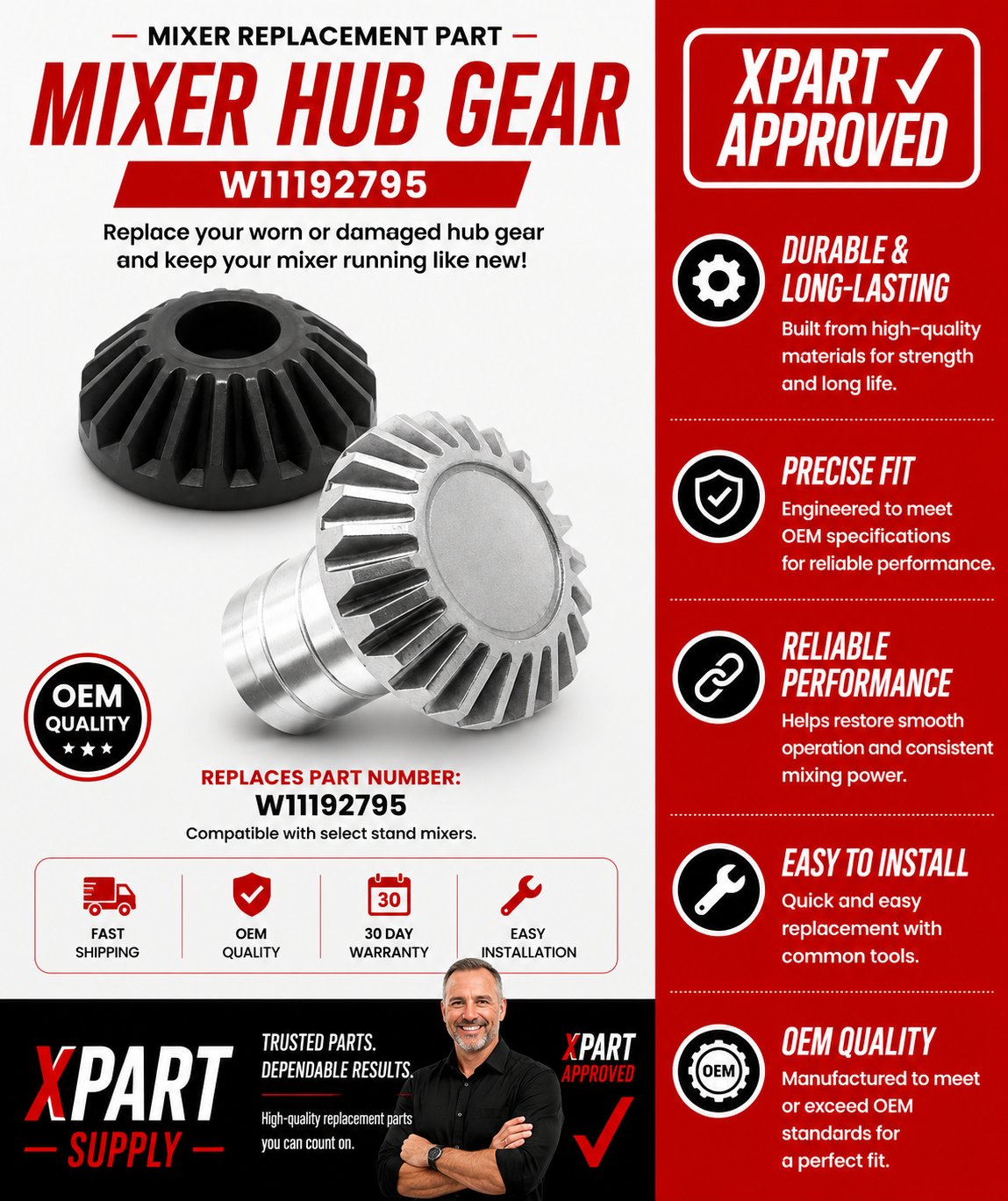 KitchenAid Stand Mixer Bevel & Pinion Gear W11192795 — Fixes Stripped Gears & Attachment Not Turning