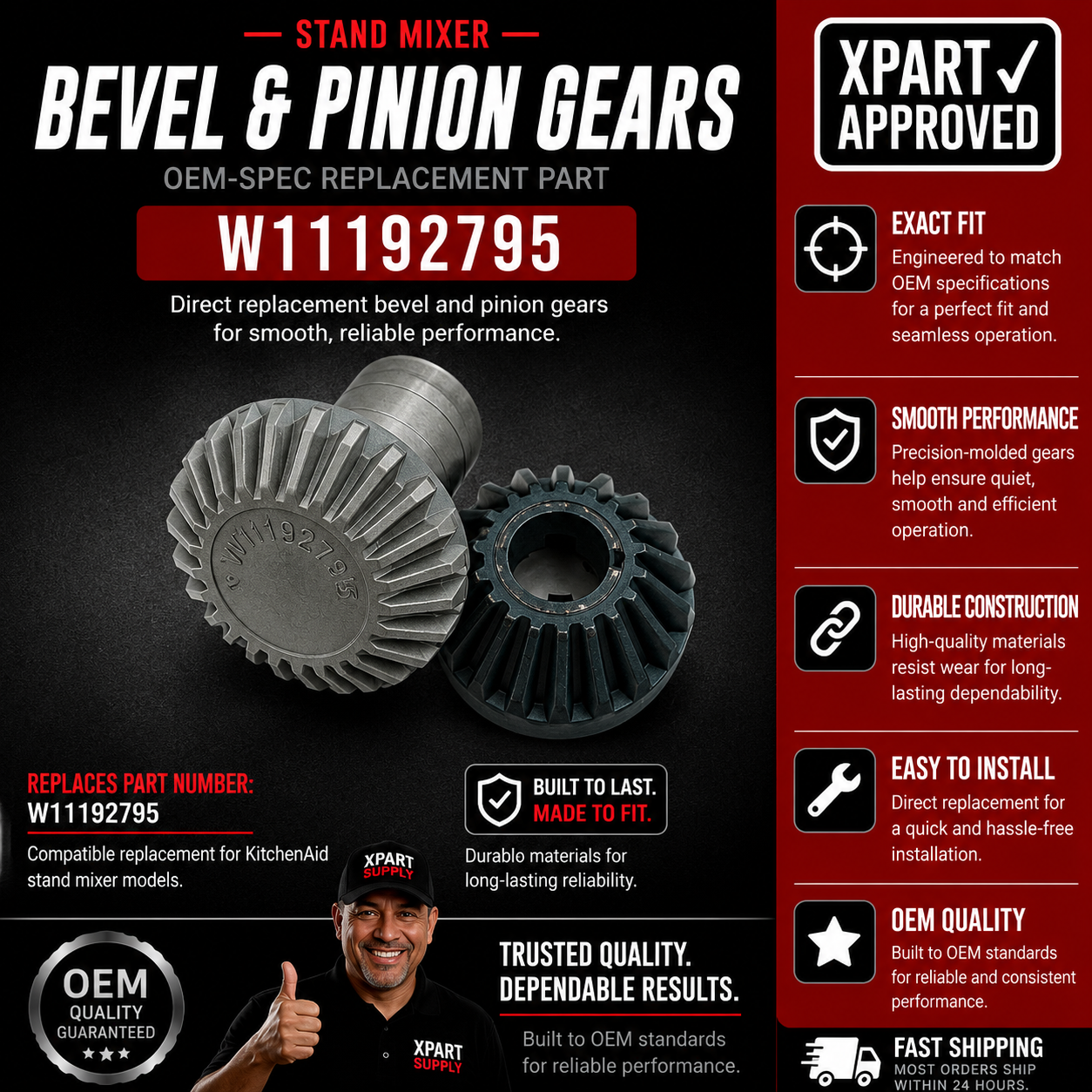 KitchenAid Stand Mixer Bevel & Pinion Gear W11192795 — Fixes Stripped Gears & Attachment Not Turning