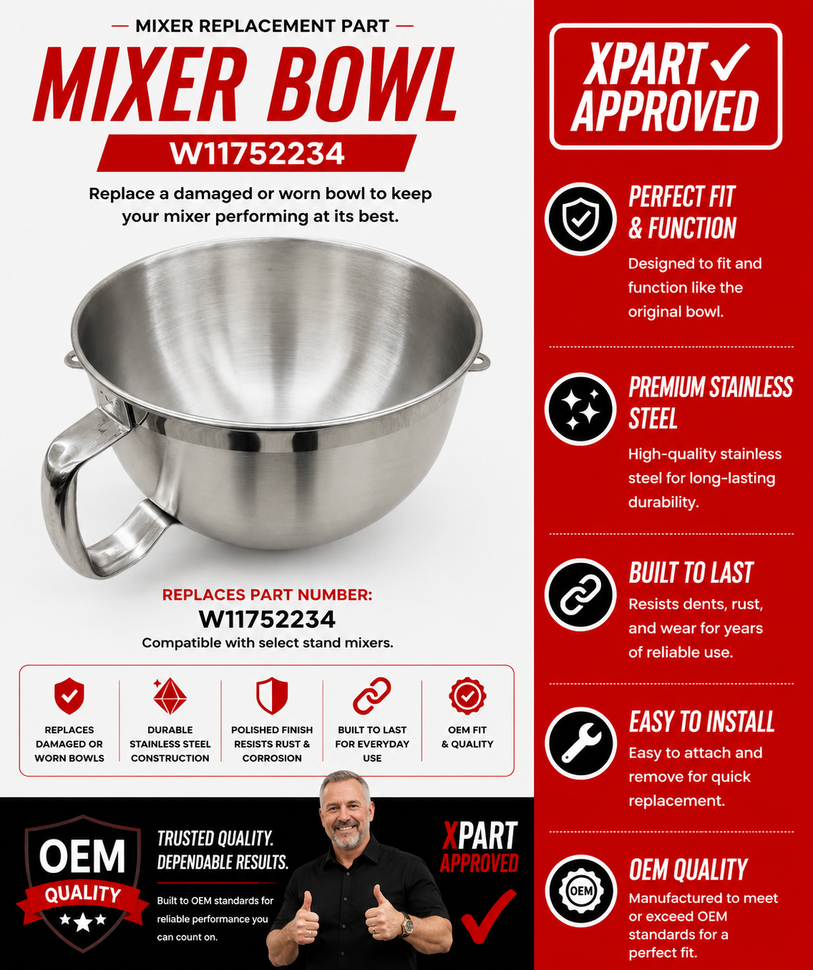 KitchenAid Stand Mixer Bowl W11752234 — Fixes Missing or Damaged 6-Qt Stainless Bowl