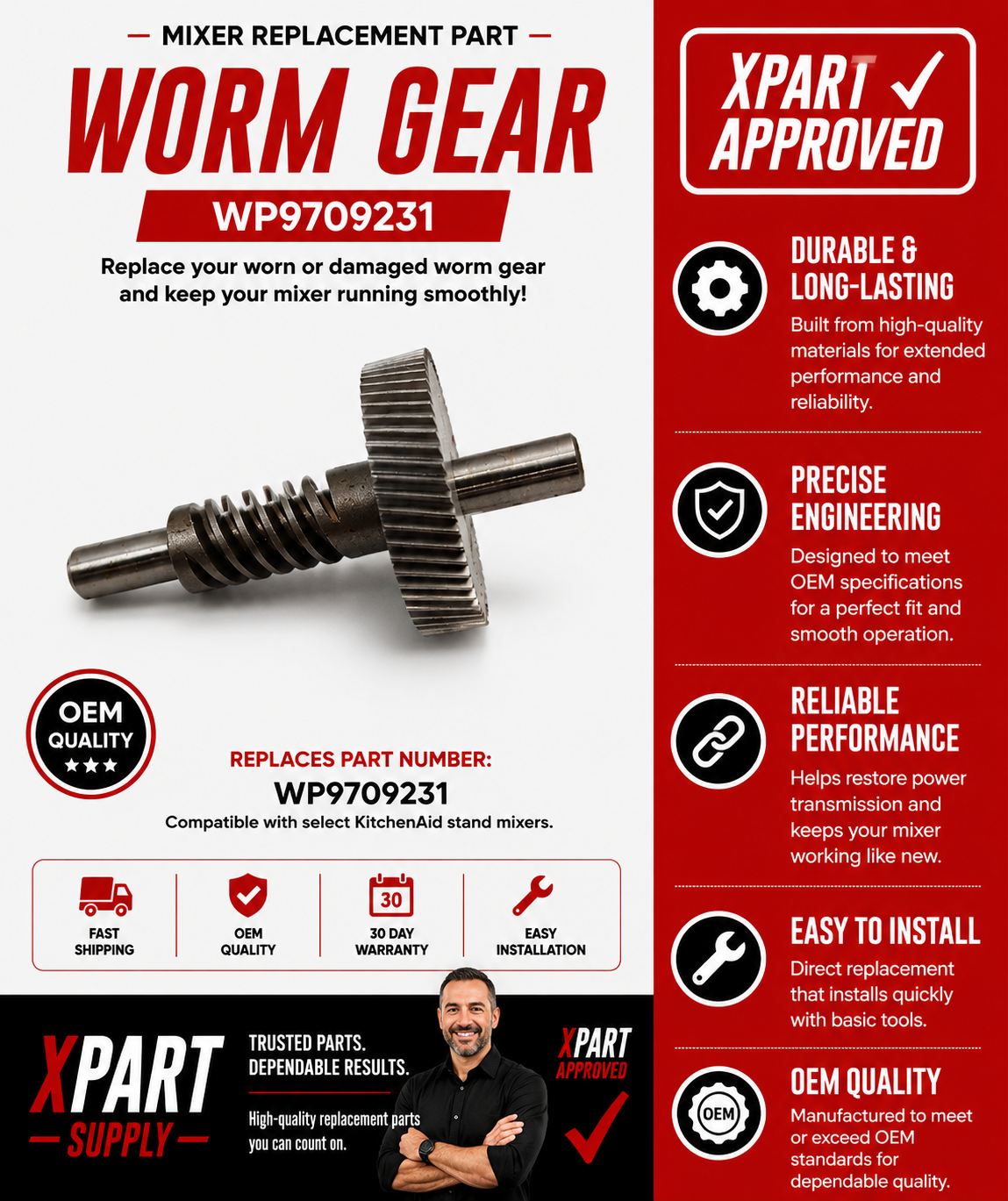 KitchenAid Stand Mixer Worm Gear WP9709231 — Fix Mixer Won't Turn, Grinding Noise or Grease Leak