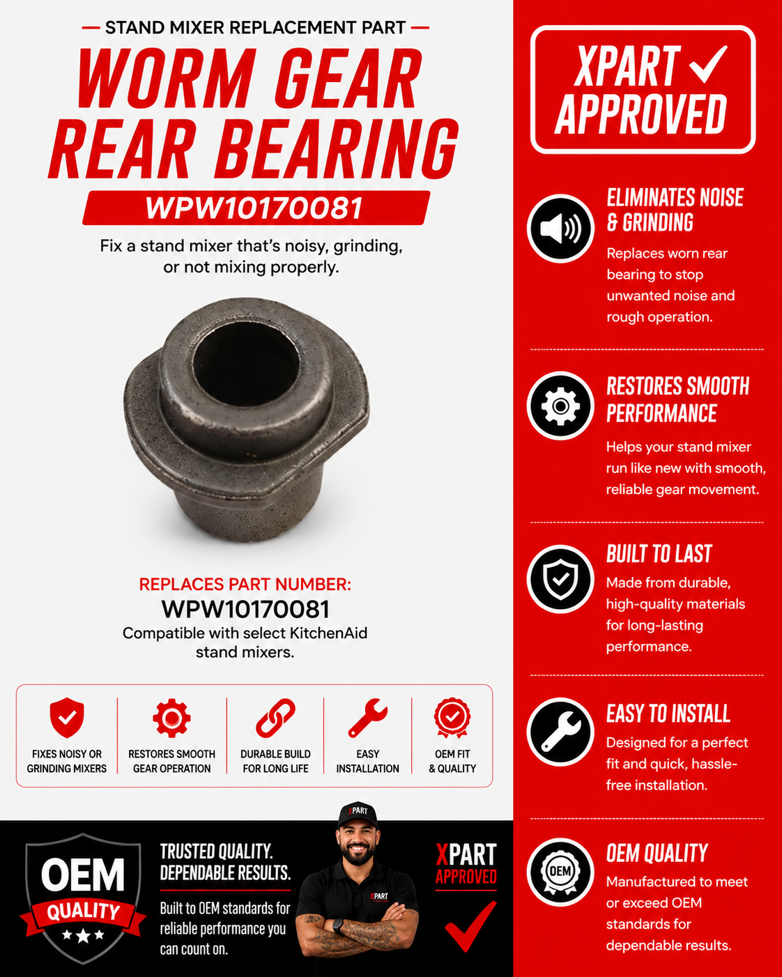 Advertisement for Worm Gear Rear Bearing with product details and Xpart approval on a white and red background.