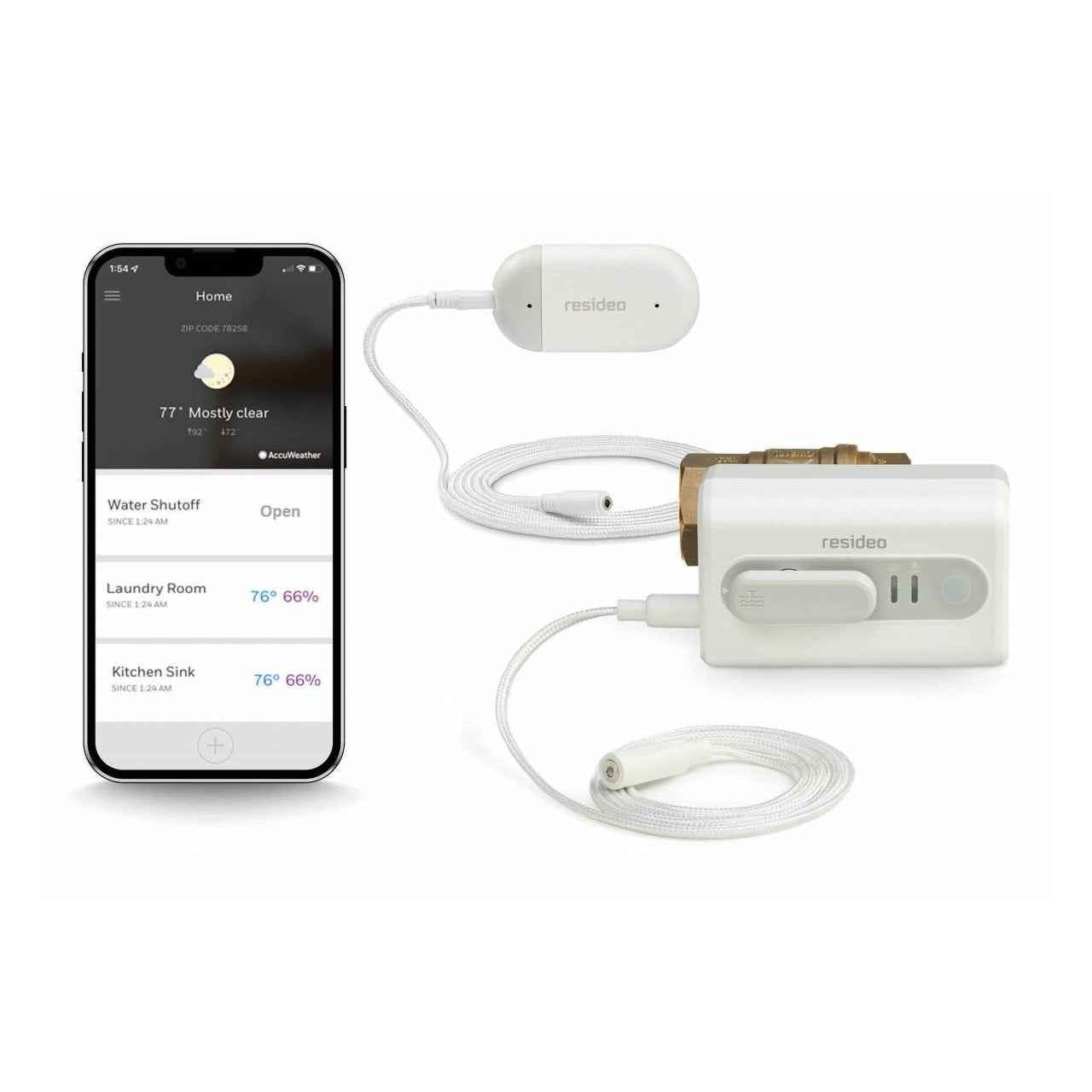 Resideo Braukmann VWS01Y-1/2 L5 WiFi Leak Shutoff with 1/2" NPT Ball Valve, includes L1 WiFi Leak Detector