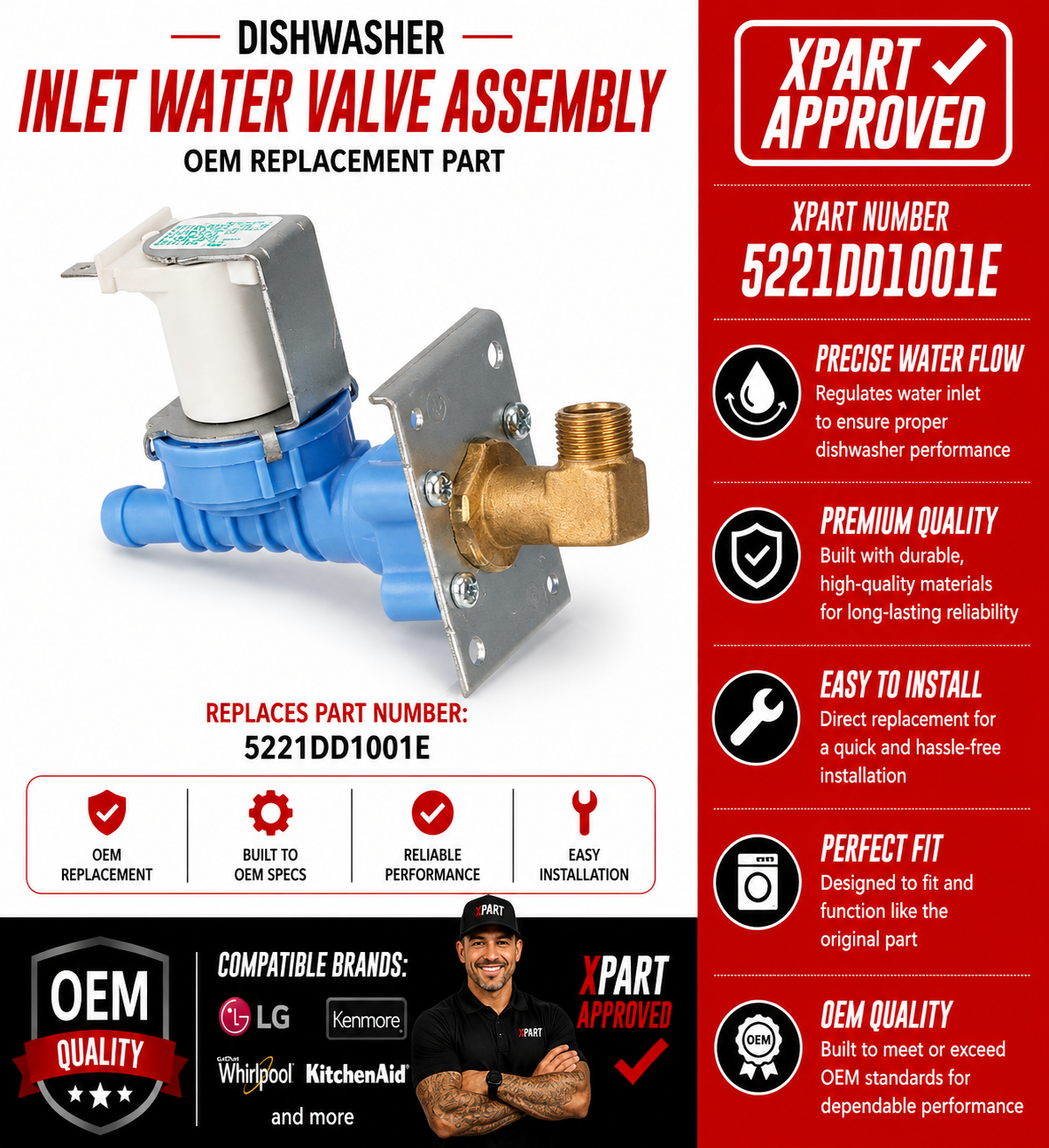 LG Dishwasher Inlet Water Valve 5221DD1001E – OEM & Premium XPart Options Available