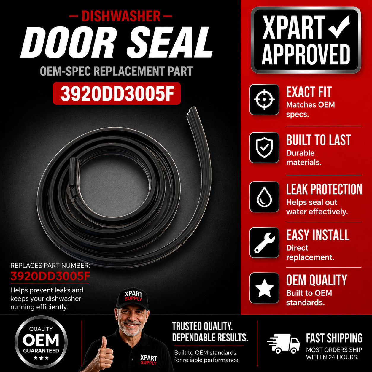 LG Door Seal 3920DD3005F — Stops Dishwasher Door Leaks