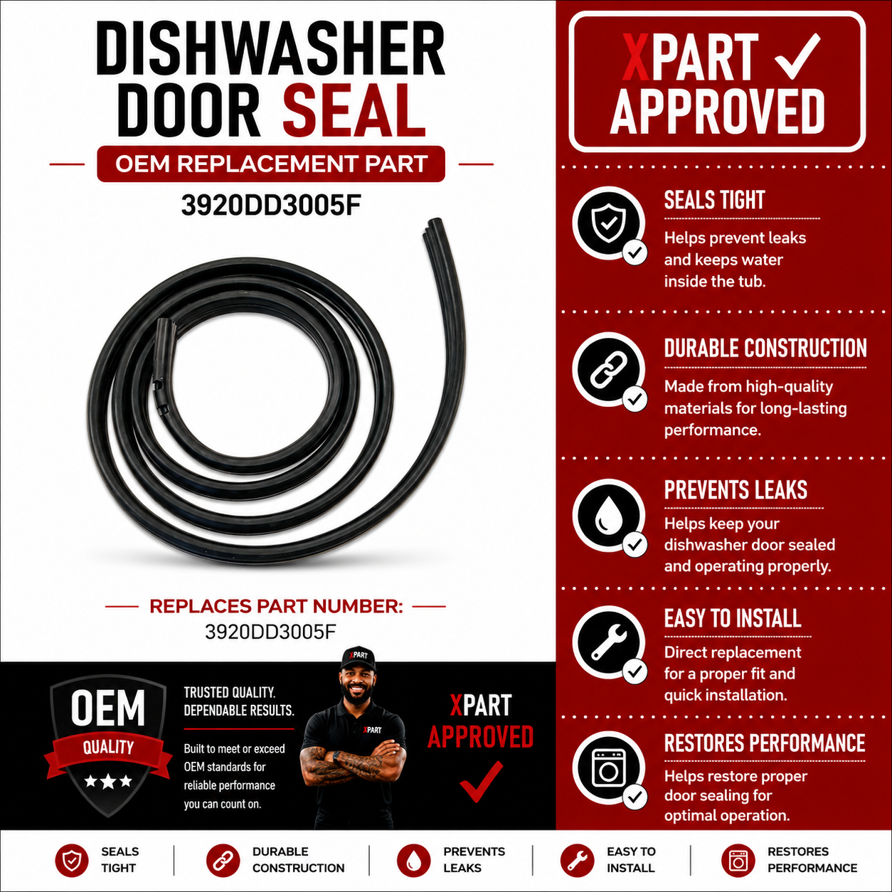 LG Door Seal 3920DD3005F — Stops Dishwasher Door Leaks
