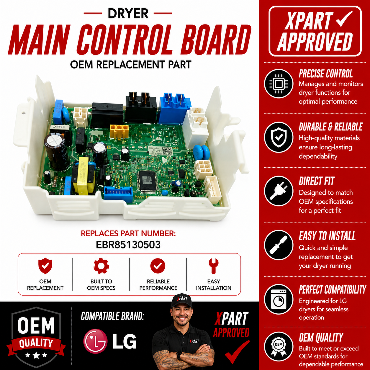 Dryer main control board with Xpart approval details on a white background