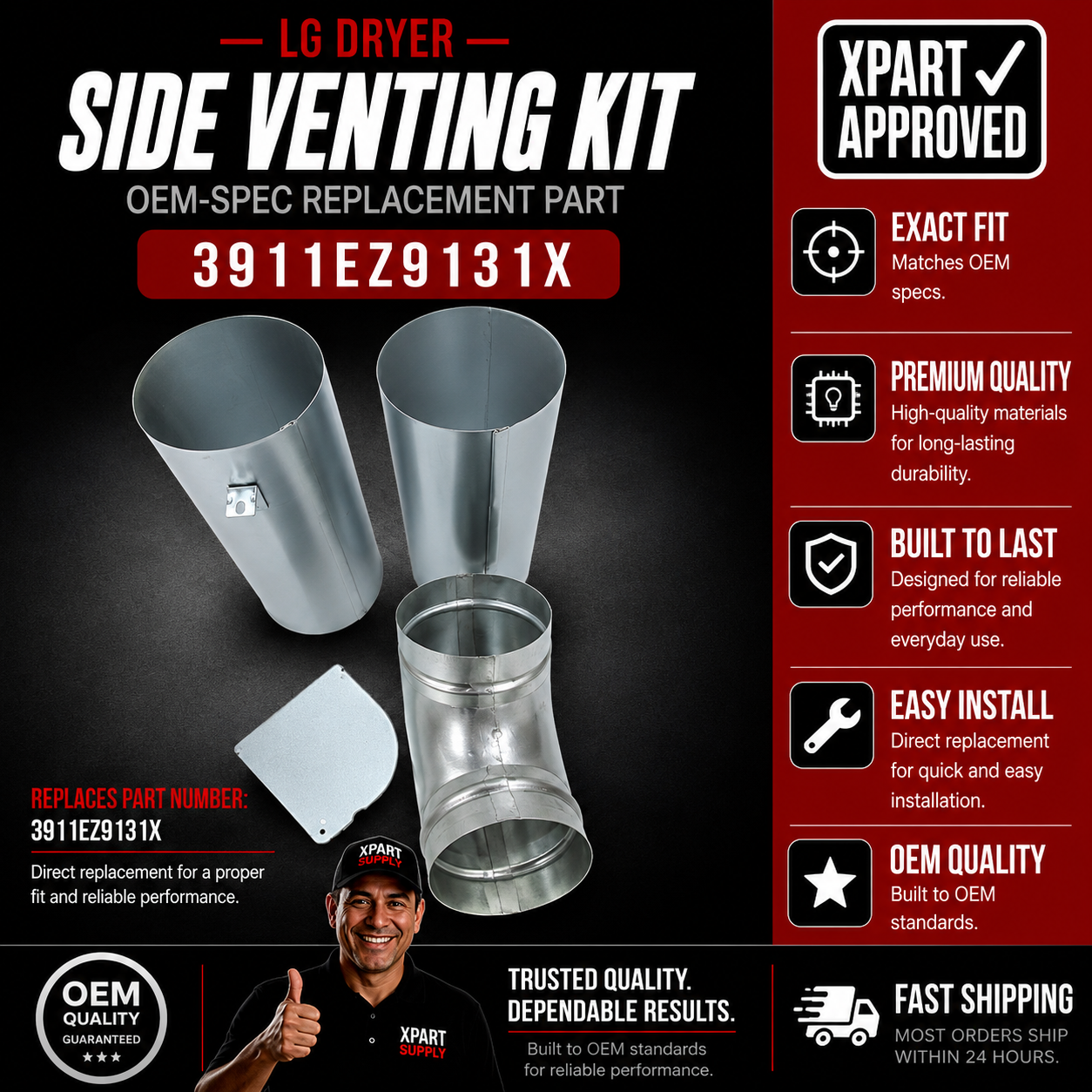 LG Dryer Side Venting Kit 3911EZ9131X, Replaces 383EEC2044A, 383EEL9001B, 383EEL9001L