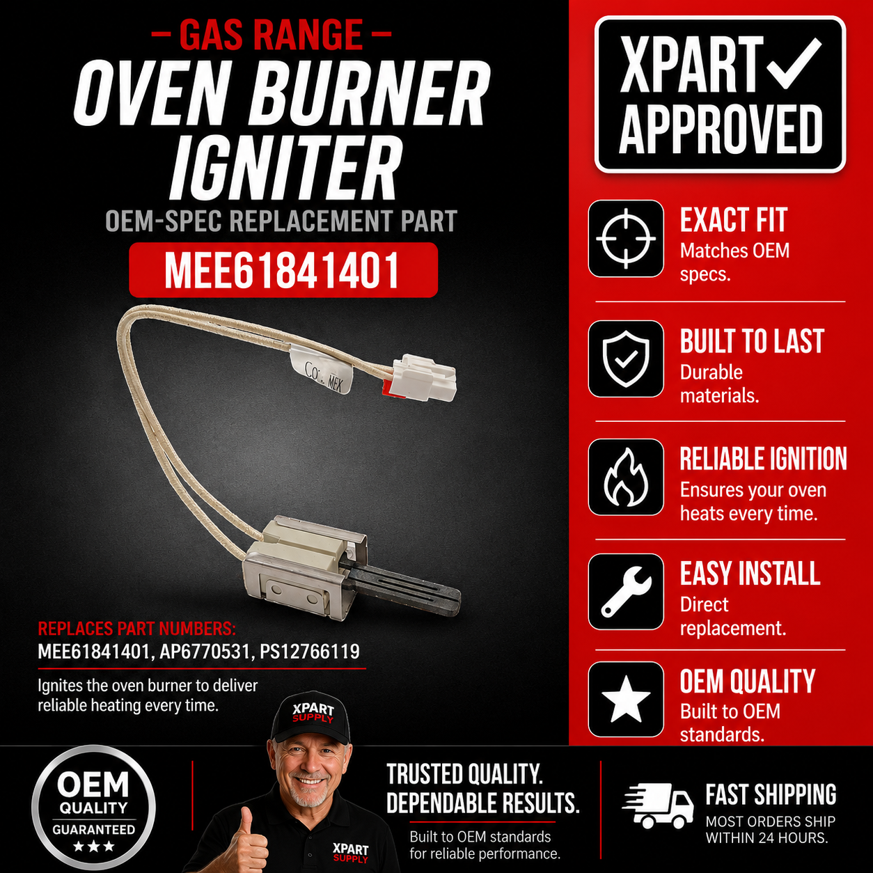 LG Oven Burner Igniter MEE61841401 — Gas Range Won't Ignite