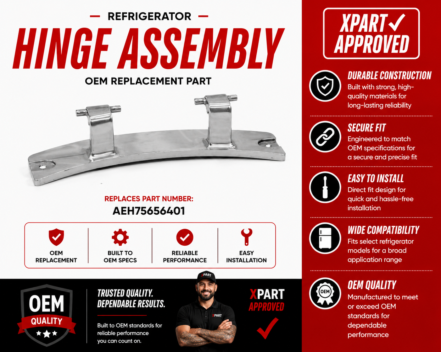 LG Hinge Assembly AEH75656401 — Fixes Door That Won't Stay Closed or Open