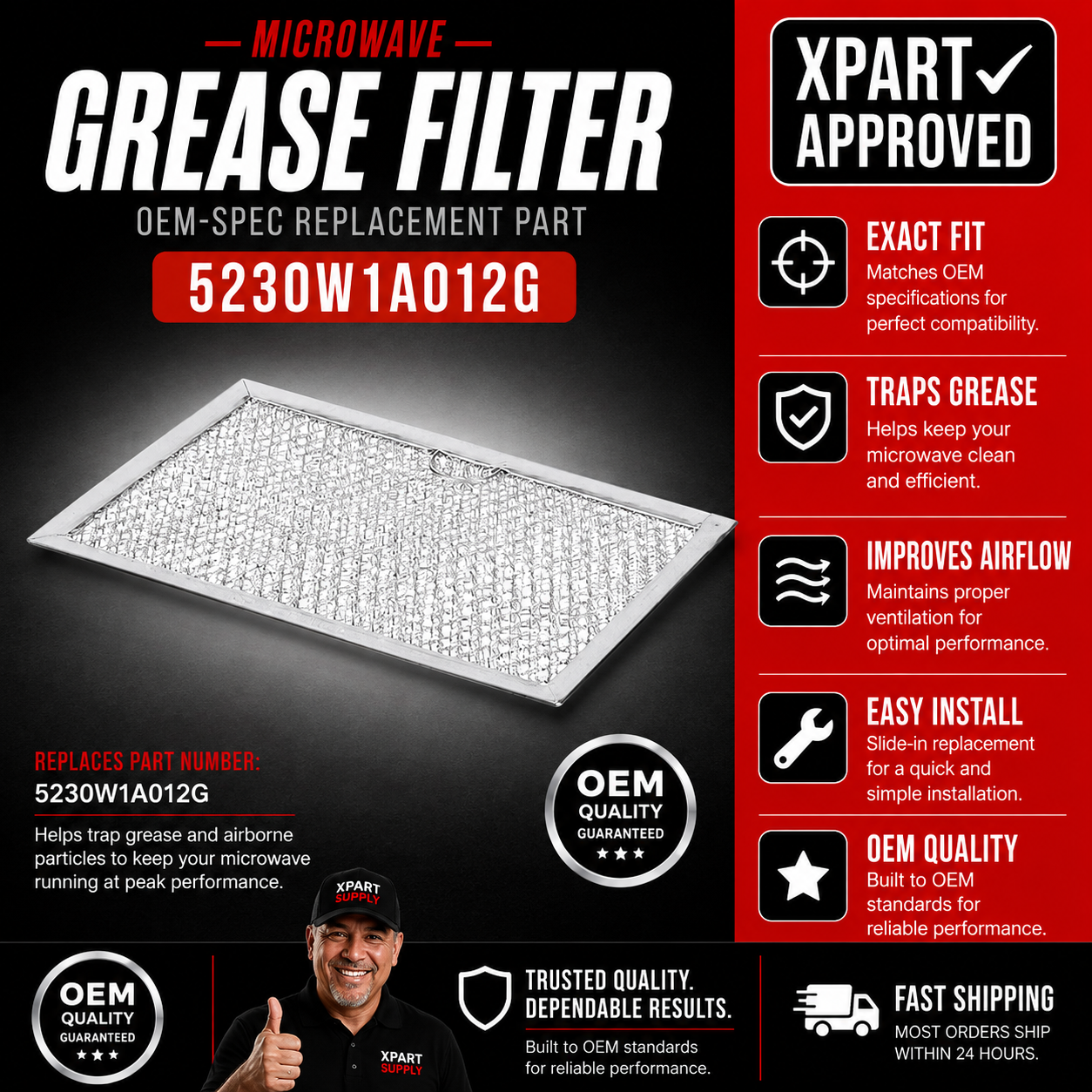 LG Microwave Grease Filter 5230W1A012G, Fixes Restricted Ventilation from a Saturated Filter