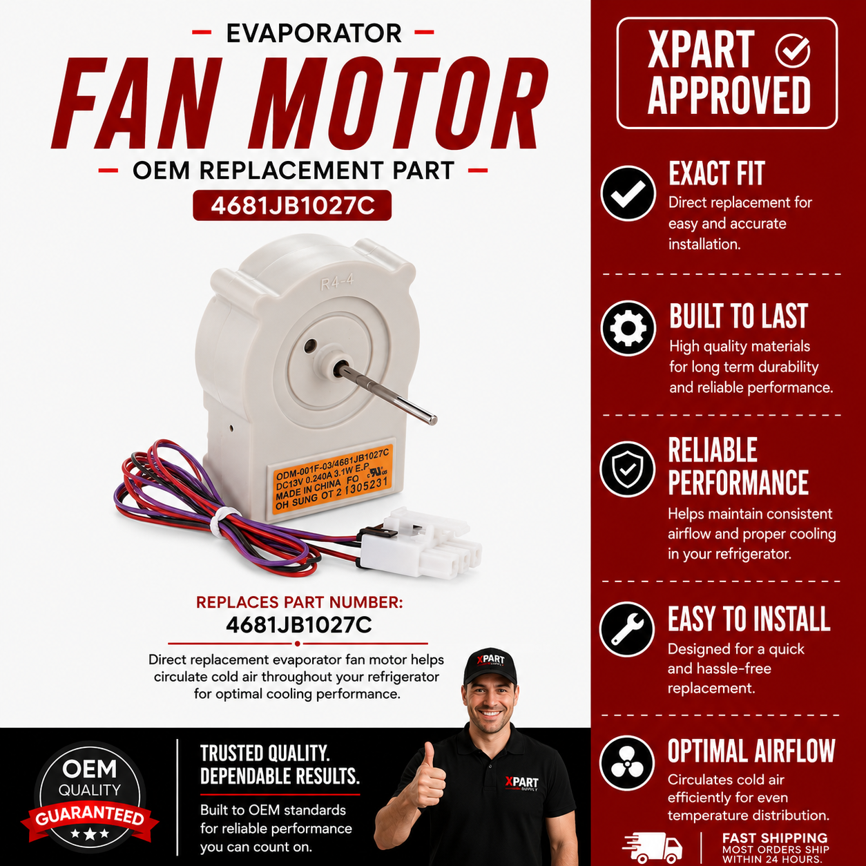 LG Refrigerator Evaporator Fan Motor 4681JB1027C — Fix a Fridge That Won't Cool or Has Warm Spots