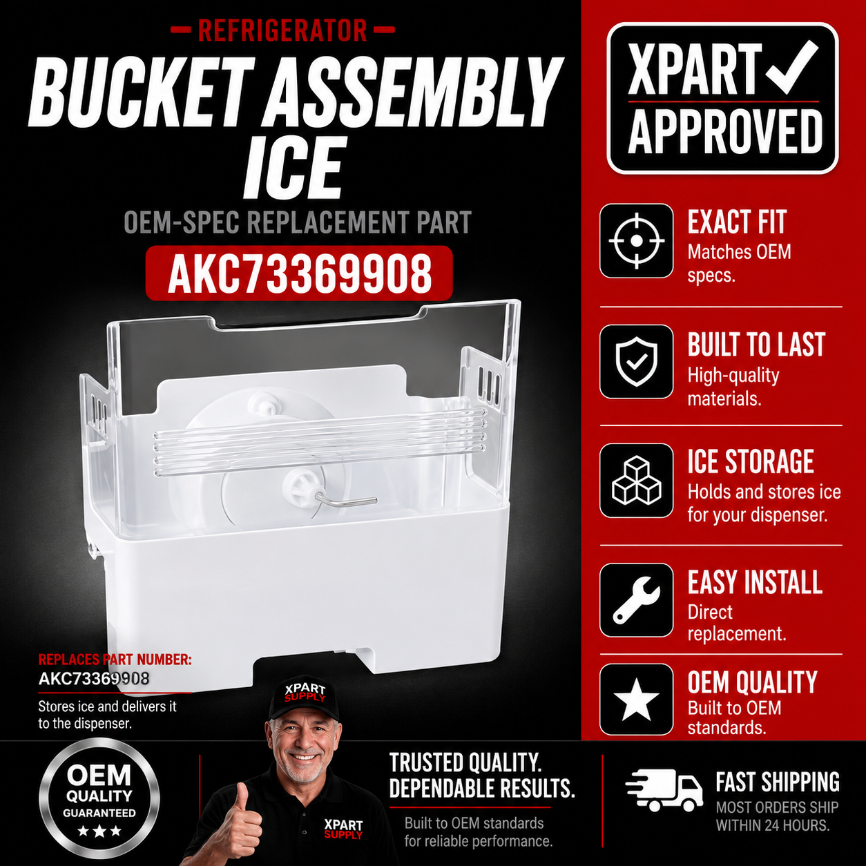 LG Refrigerator Ice Bucket Assembly AKC73369914, Replaces AKC73369908, AKC72949307, AKC72949317, AKC72949318