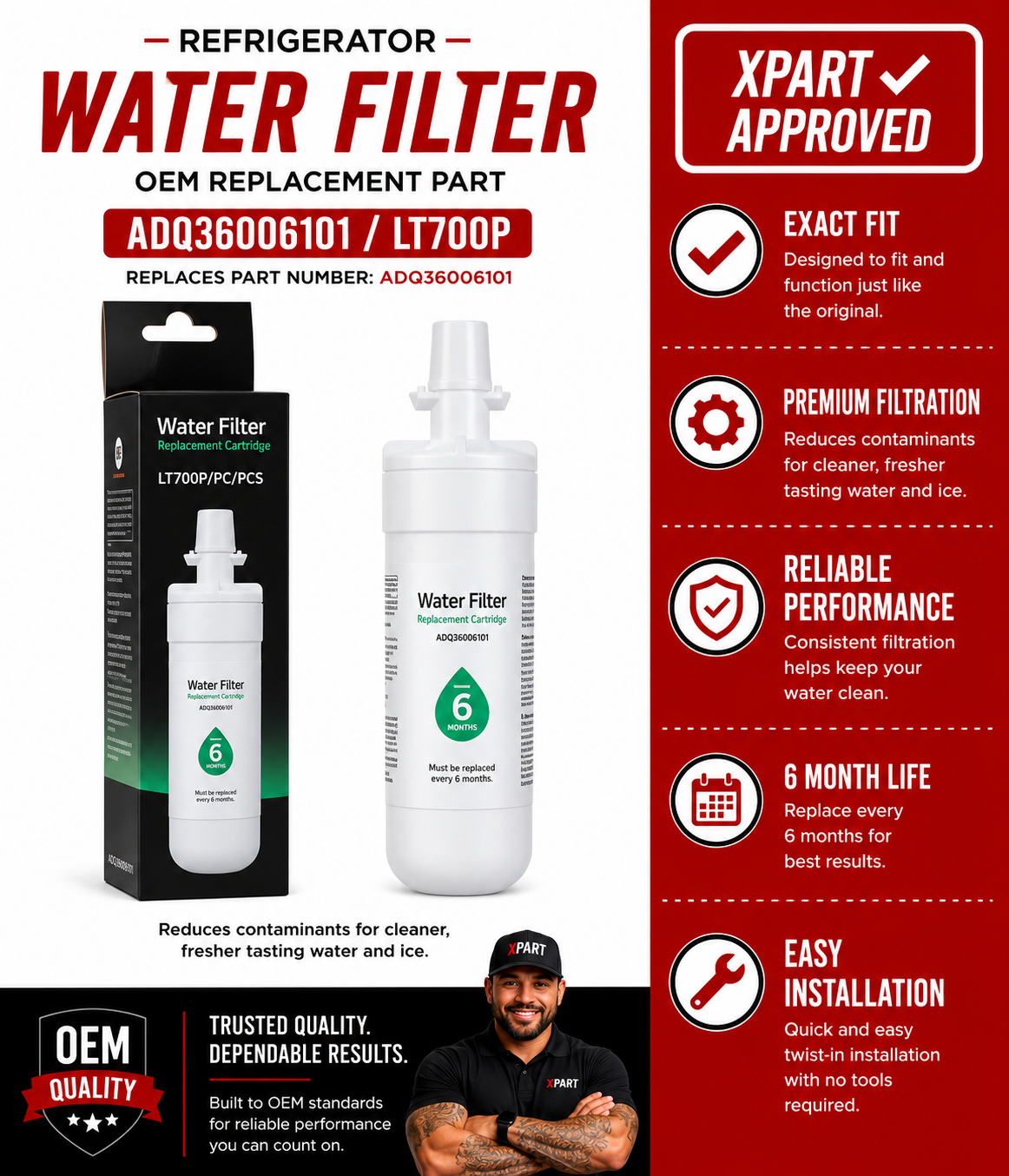LG Refrigerator Water Filter ADQ36006113 — Replaces LT700P, ADQ36006101, Restores Clean Water