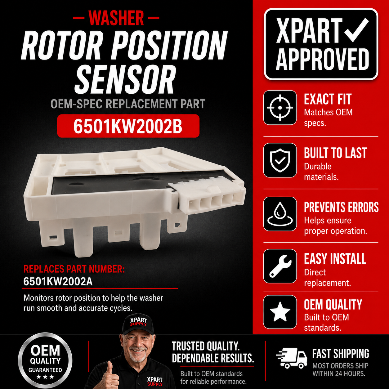 LG Rotor Position Sensor 6501KW2002B — Fixes LE/FE Error Codes & No-Spin