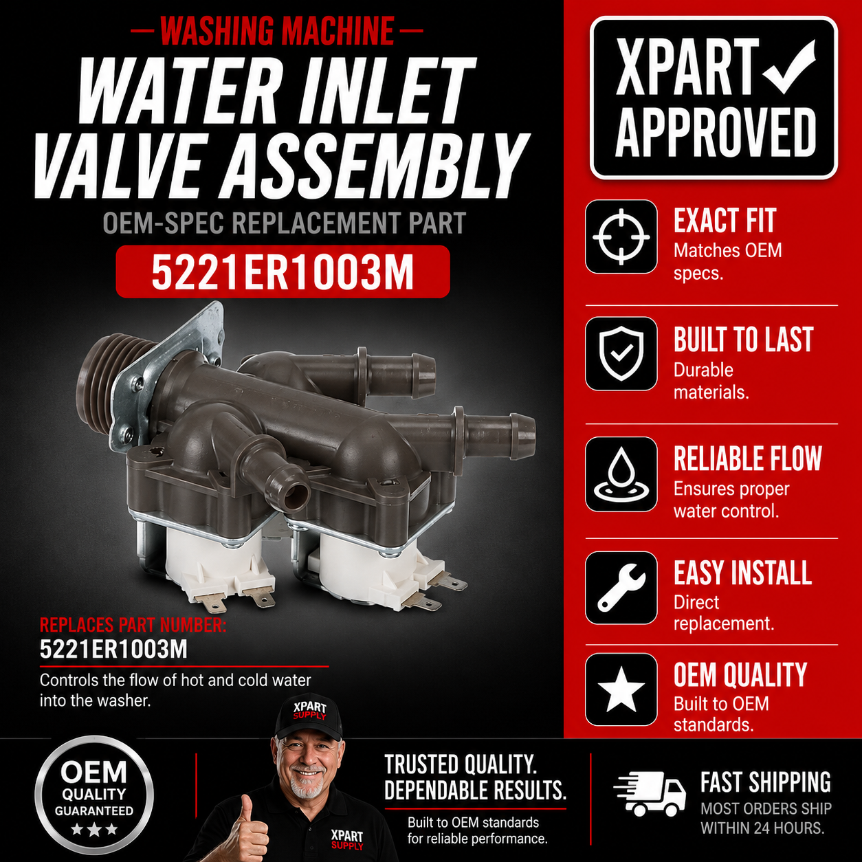 LG Washer Cold-Water Inlet Valve Assembly 5221ER1003M — Fixes No Water Fill / Restores Wash-Cycle Water Flow